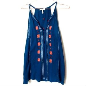 L Joie Navy Blue Embroidered Tank Top with orange details. EUC. Has tassels